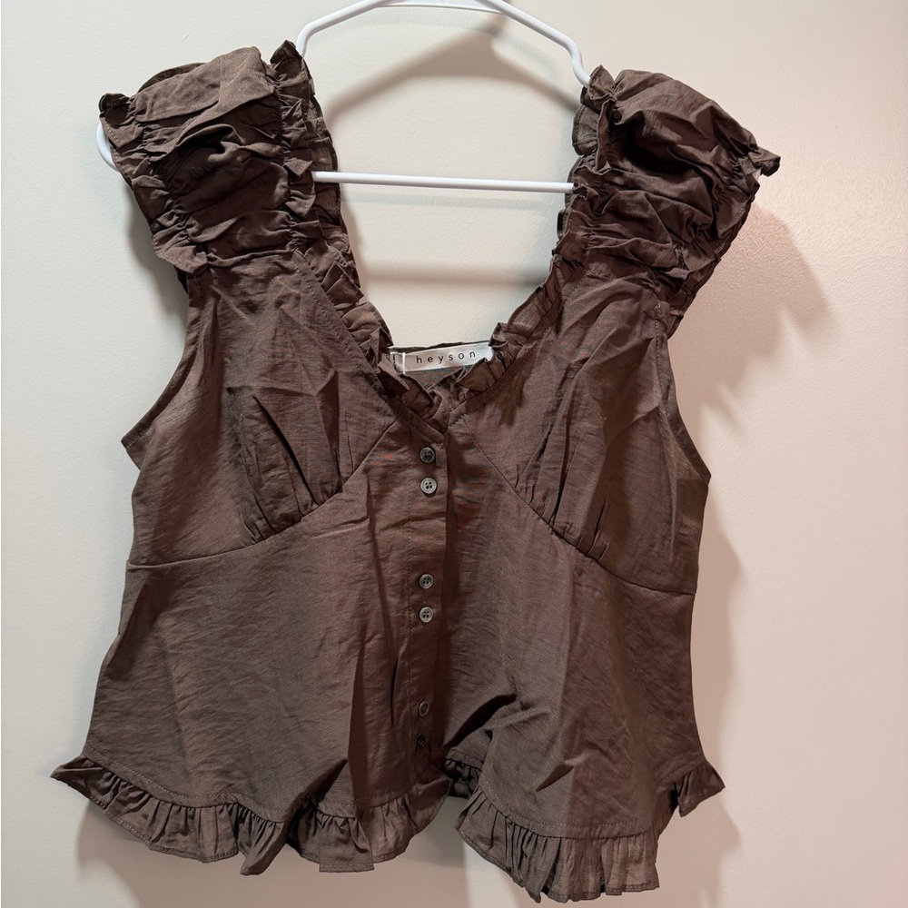Women’s Brown Ruffled Button-Front Tank Blouse - Picture 2 of 4